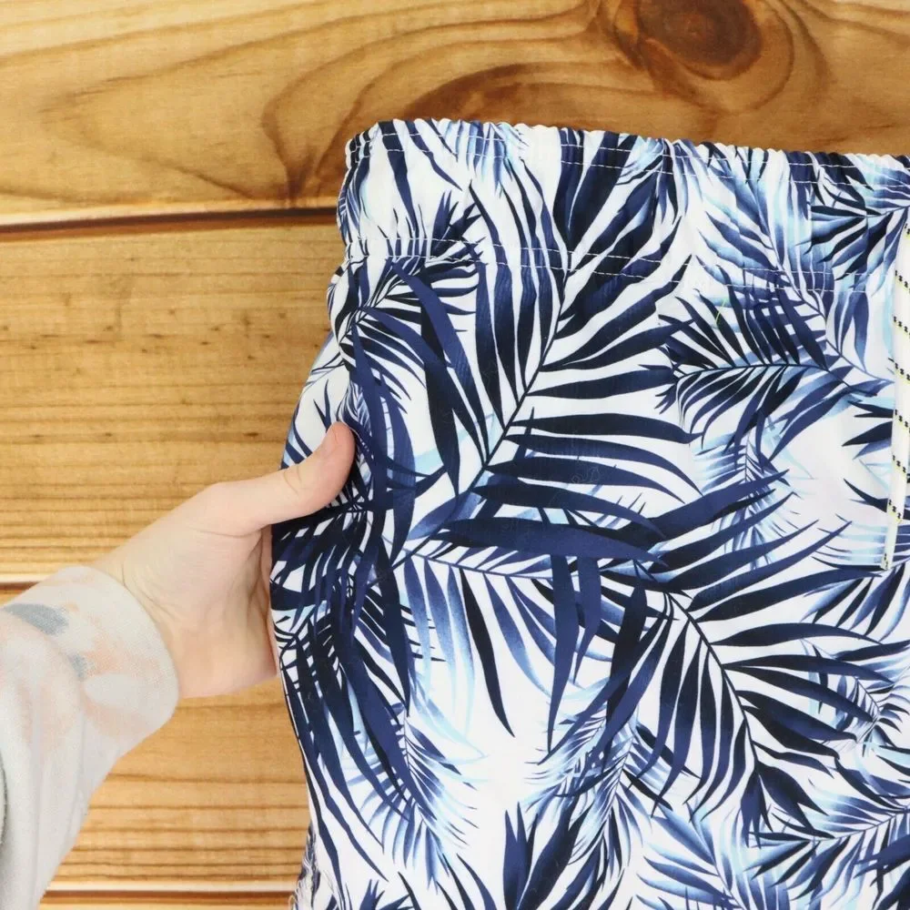 Dip Swim Trunks w/Liner Mens XL‎ Blue White Leaves UPF 50 Pockets Drawstring NWT